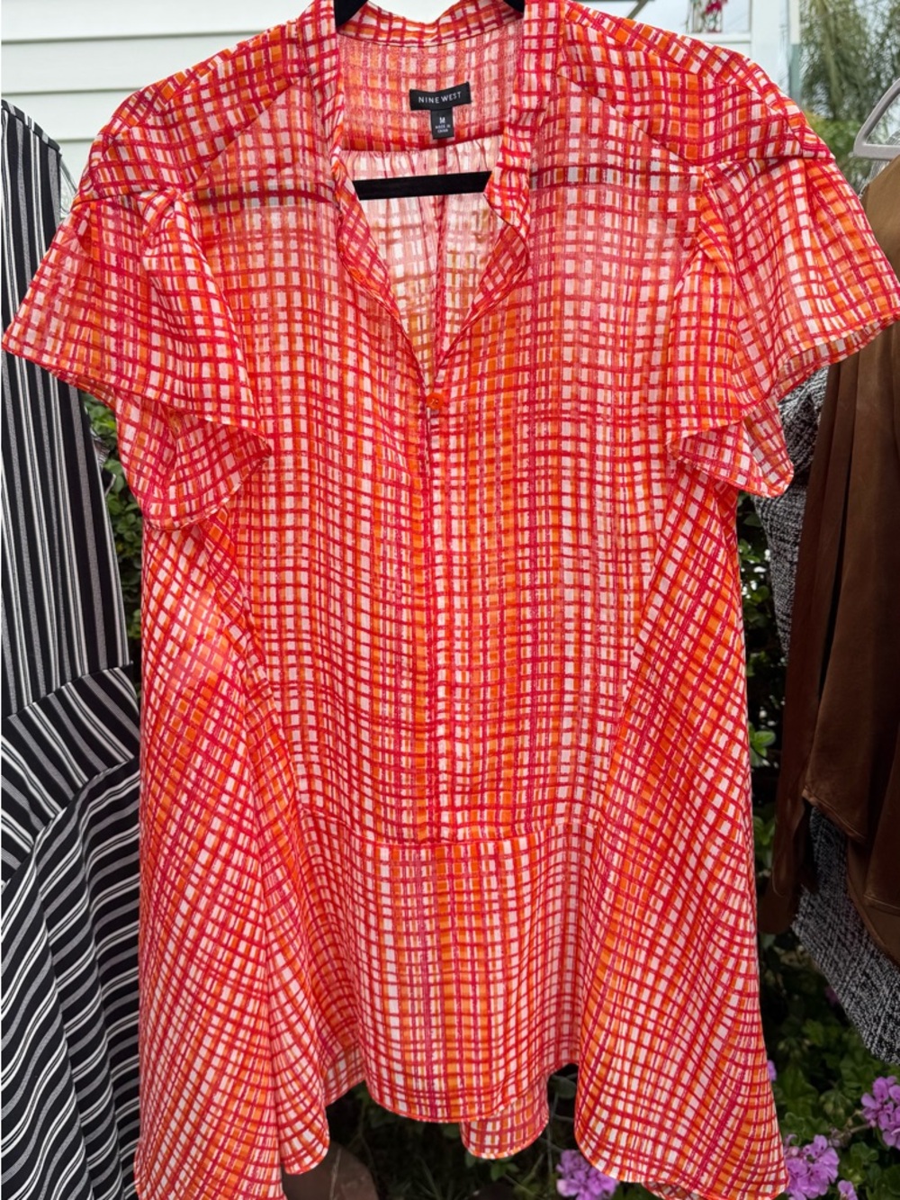 Nine West Red Orange Plaid Short-Sleeve Tunic